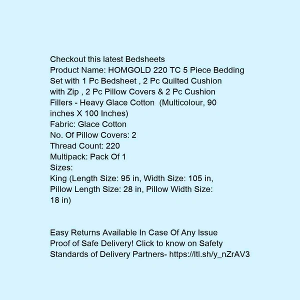 5 Pieces Bedding Set With 1Pc Bedsheet , 2Pc Quilted Cushion With Zip, 2pc Pillow Cover . Size - 90 X 100 Inches  - Blue, 90 X 100 inches 