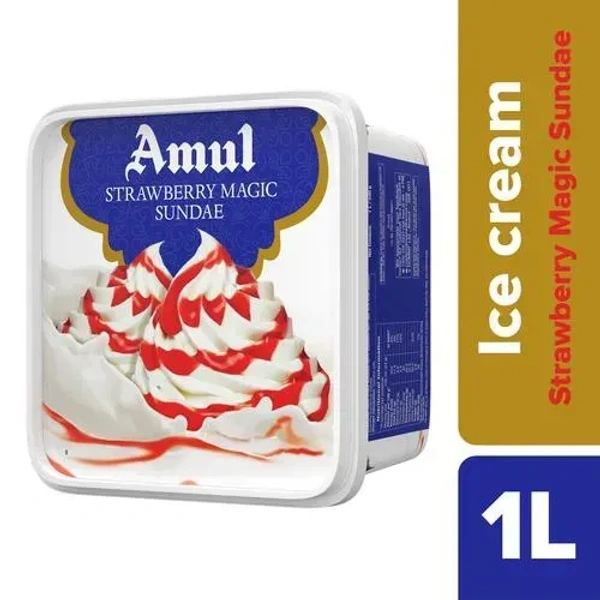 Amul Ice Cream - Strawberry Magic Sundae, Real Milk, 1 L Tub - 1 L