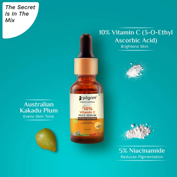 Pilgrim 10% Vitamin C Face Serum - 30ml | With 5% Niacinamide & Kakadu Plum | For Daily Brightness | Reduces Dark Spots & Evens Skin Tone | Glowing & Bright Skin | Fragrance Free | Fine Line Reduction | For All Skin Types