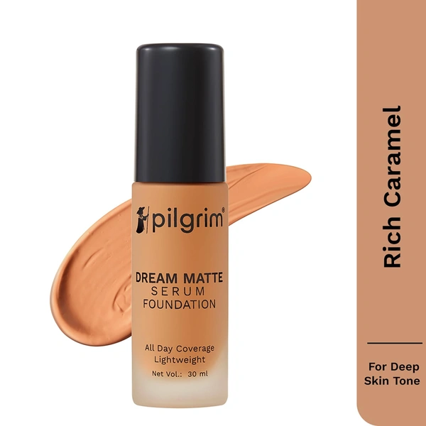 Pilgrim Dream Matte Serum Foundation (Rich Caramel 325), 30ml | Lightweight, Long-Wearing Formula for a Smooth Matte Finish with Natural Coverage.