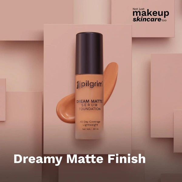 Pilgrim Dream Matte Serum Foundation (Rich Caramel 325), 30ml | Lightweight, Long-Wearing Formula for a Smooth Matte Finish with Natural Coverage.