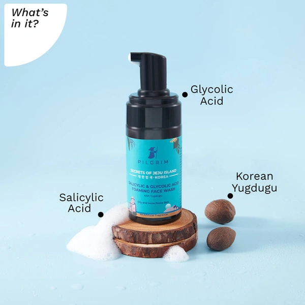 Pilgrim Salicylic & Glycolic Acid Foaming Face Wash, 120ml | Exfoliates, Clears Acne, and Leaves Skin Smooth, Clean, and Refreshed.