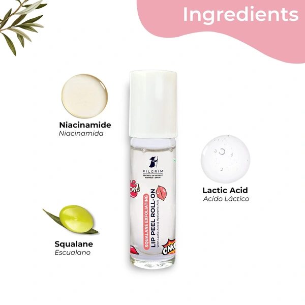 Pilgrim Squalane Lip Peel Roll-on -6ml | with Lactic Acid & Niacinamide | Exfoliating lip peel for Smooth Lip |  Hydrating dry & flaky lips | Moisturizing lip | Plump & Soft Lips | Brightens Lips