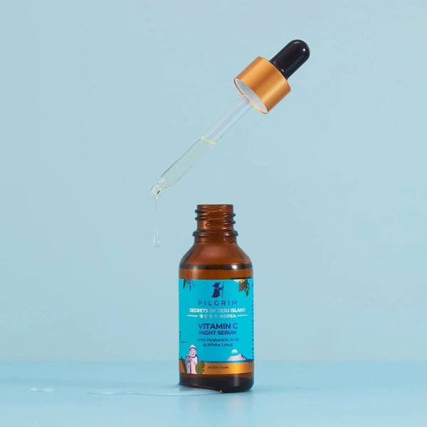 Pilgrim Vitamin C Night Serum (Oil-Based) with Hyaluronic Acid & White Lotus, 30ml | Hydrates, Brightens Skin, and Reduces Fine Lines Overnight.