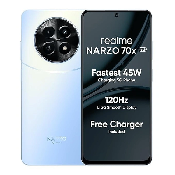 Realme NARZO 70x 5G (BLUE)  (6GB,128GB) , 120Hz Ultra Smooth Display Dimensity 6100+ 6nm 5G - 6 GB RAM | 128 GB ROM 17.07 cm (6.72 inch) Display 50MP Rear Camera 5000 mAh Battery Dimensity 6100 Plus, Octa Core Processor, 5000mAh