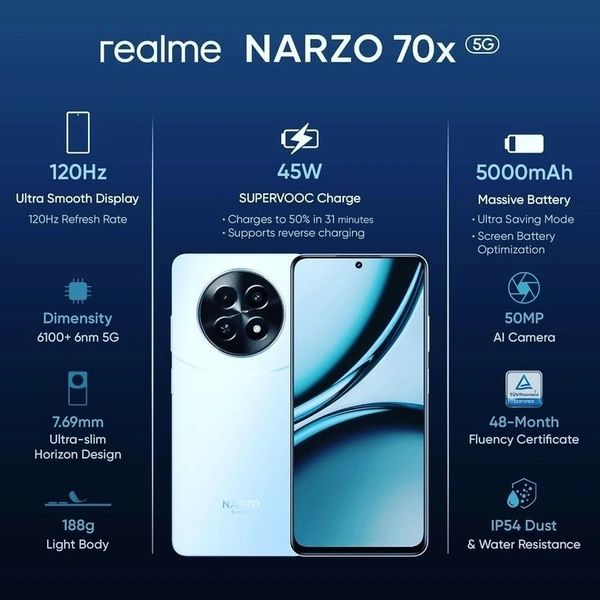 Realme NARZO 70x 5G (BLUE)  (6GB,128GB) , 120Hz Ultra Smooth Display Dimensity 6100+ 6nm 5G - 6 GB RAM | 128 GB ROM 17.07 cm (6.72 inch) Display 50MP Rear Camera 5000 mAh Battery Dimensity 6100 Plus, Octa Core Processor, 5000mAh