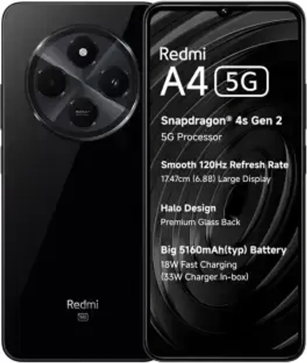 REDMI A4 5G only on Jio SIM (Starry Black, 64 GB)  (4 GB RAM) - NEXT DAY, 5G ONLY JIO, 5160mAh, 64 GB