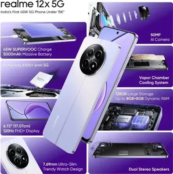 Realme 12x 5G (Purple, 128 GB)  (6 GB RAM) - 5000mAh, 128 GB, Same Day (Before Order 9 a.m)