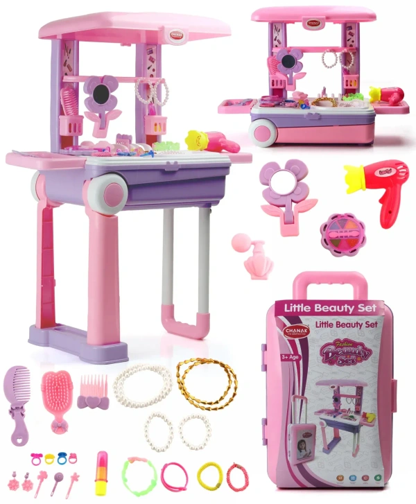 Beauty Set Suitcase on Wheels Portable Makeup Kit for Girls with 25 Pieces