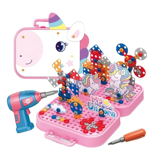 DIY Electric Drill Screw Tool Set-Mosaic Puzzle 228pcs- 3D STEM Educational kit for Kids Construction and Building Block Kit (Unicorn Design)
