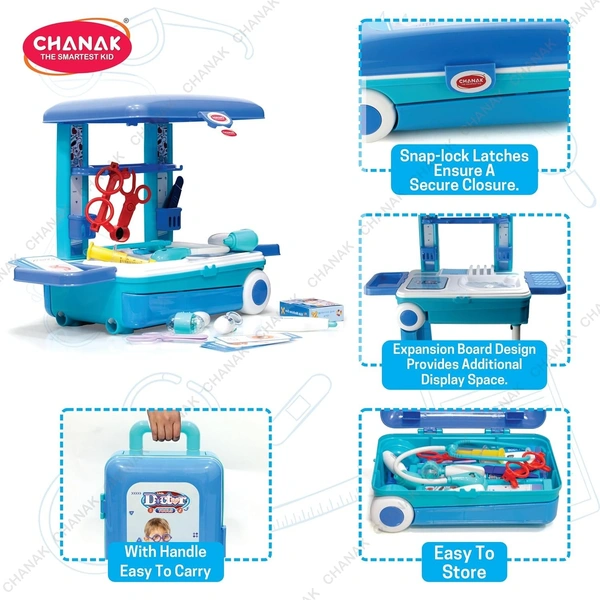 Doctor Set Trolley for Kids, Doctor Set with LED Light Instruments, Pretend Play Doctor Set Trolley for Kids Above 3 Years, Doctor Kit for Boys & Girls, BIS Approved. (Blue Trolley)