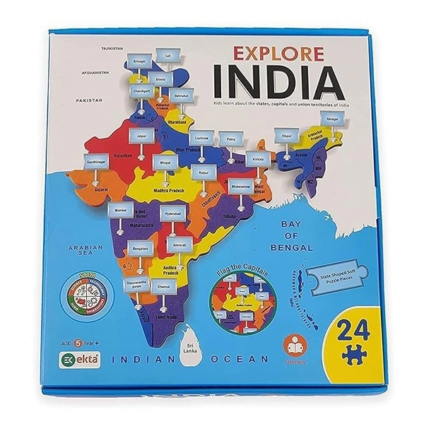 EKTA Explore India Map Puzzle for Kids | India Map with State Capitals | Puzzle Foam Map for Educational | Jigsaw Puzzle and Learning Aid Games for Kids | Foam Puzzle Games | 24 Pieces