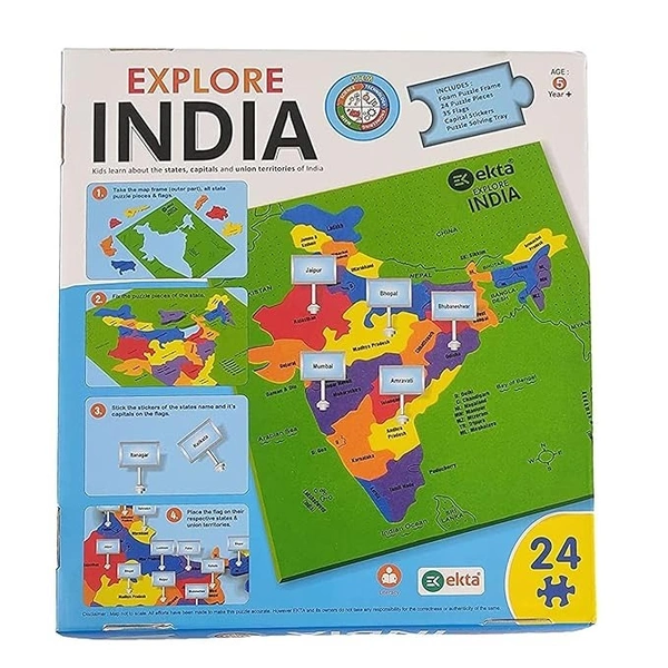 EKTA Explore India Map Puzzle for Kids | India Map with State Capitals | Puzzle Foam Map for Educational | Jigsaw Puzzle and Learning Aid Games for Kids | Foam Puzzle Games | 24 Pieces