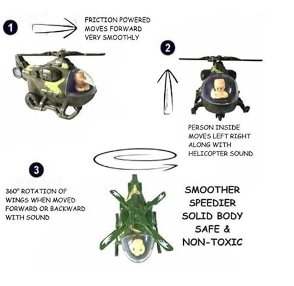 Friction Army Helicopter Unbreakable Toy with Moving Pilot Push and Go Aircraft Toys for Kids, Assorted Color, 1 Piece
