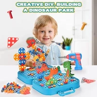 DIY Electric Drill Screw Tool Set-Mosaic Puzzle 228Pcs- 3D Stem Educational Kit For Kids Construction And Building Block Kit (Dinosaur Design)