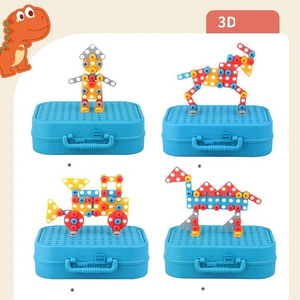 DIY Electric Drill Screw Tool Set-Mosaic Puzzle 228Pcs- 3D Stem Educational Kit For Kids Construction And Building Block Kit (Dinosaur Design)