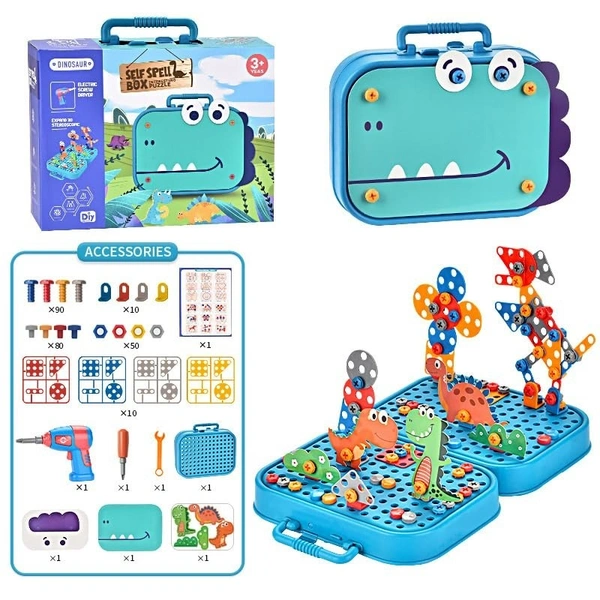 DIY Electric Drill Screw Tool Set-Mosaic Puzzle 228Pcs- 3D Stem Educational Kit For Kids Construction And Building Block Kit (Dinosaur Design)