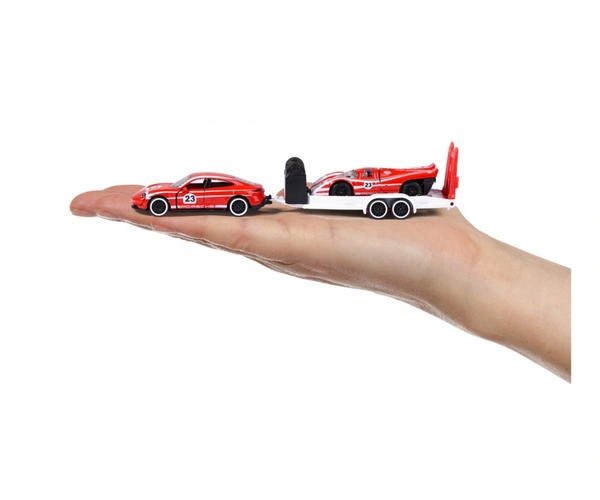 Majorette Porsche Race Trailer Set – Officially Licensed 1:64 Scale Die-Cast Toy Cars with Trailer | Porsche Taycan Turbo S + 917 | Metal Body & Opening Parts 