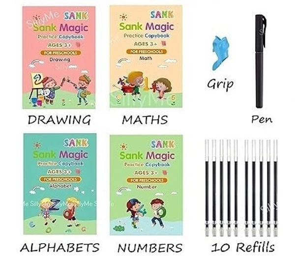 Sank Magic Book for Kids 2-5years - 4 Books +1 Pen+10Refill- Sank Magic Practice Copy Book for Kids 2-5 Years - Reusable Magical Book Drawing Alphabet Writing Practice Book