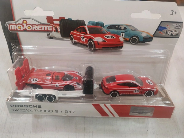 Majorette Porsche Race Trailer Set – Officially Licensed 1:64 Scale Die-Cast Toy Cars with Trailer | Porsche Taycan Turbo S + 917 | Metal Body & Opening Parts 
