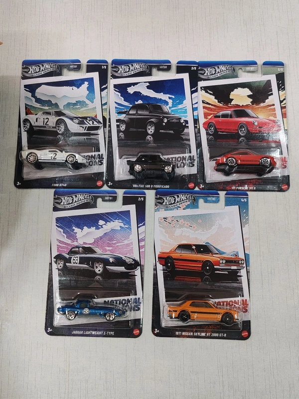 HOTWHEELS Hot Wheels SILVER SERIES | NATIONAL ICONS | SET OF 5 CARS |'60s FIAT 500 D MODIFICADO| 1971 NISSAN SYLINE HT 2000 GT-R |'67 PORSCHE 911 R | FORD GT40 |JAGUAR LIGHTWEIGHT E-TYPE | HRT81