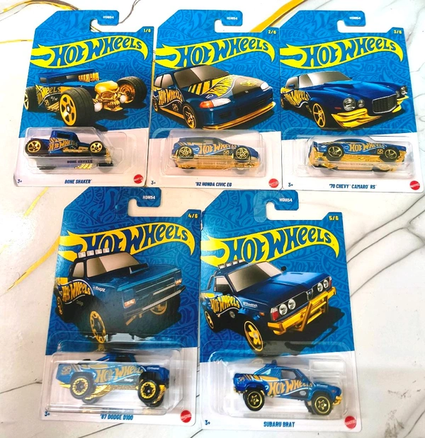 HOTWHEELS 58th Anniversary series | SET OF 5 CARS | Bone Shaker | '92 Honda Civic EG | '87 Dodge D100 | '70 Chevy Camaro RS | Subaru Brat | HDH54