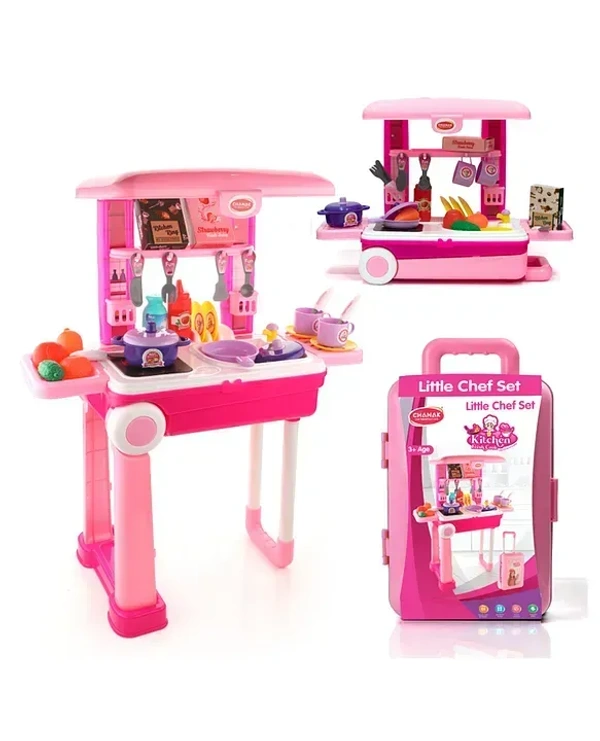 Kitchen Set For Girls, Kitchen Suitcase Set On Wheels, Colorful Pretend Play Cooking Set With 24 Pieces, Portable Kitchen Set