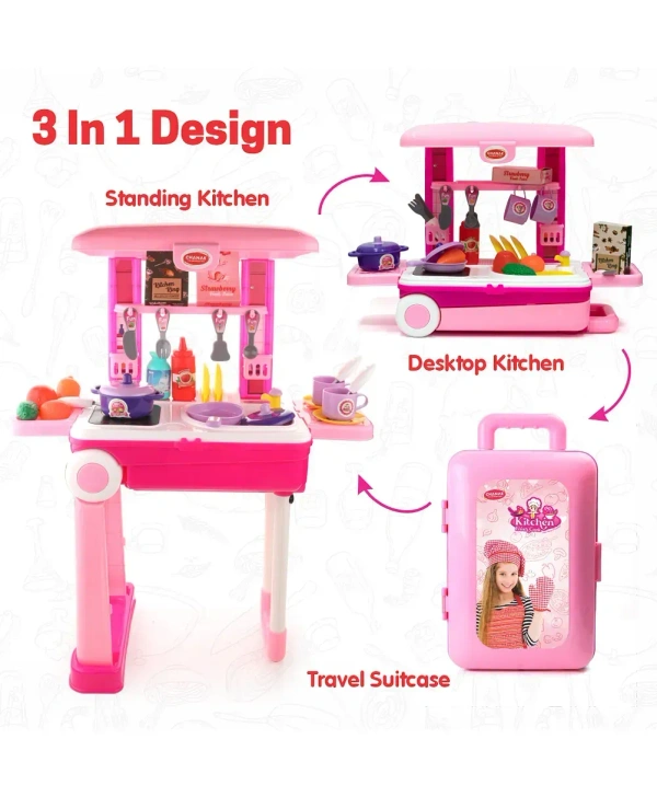 Kitchen Set For Girls, Kitchen Suitcase Set On Wheels, Colorful Pretend Play Cooking Set With 24 Pieces, Portable Kitchen Set