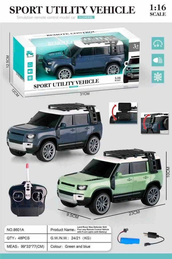 Remote Control Defender Car - 4Wd High-Speed Off-Road Rc Car with Led Lights, Rechargeable Battery, and All-Terrain Tires, Multicolor