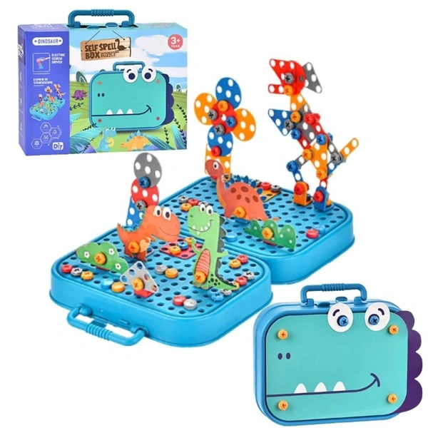 DIY Electric Drill Screw Tool Set-Mosaic Puzzle 228Pcs- 3D Stem Educational Kit For Kids Construction And Building Block Kit (Dinosaur Design)