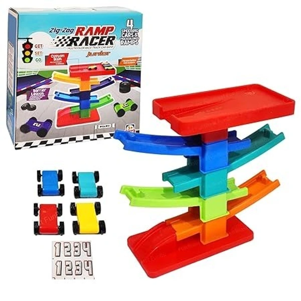 Zig Zag Ramp Racer Track Set : 4 Racing Cars & Colorful Ramps : Age 3+ Years