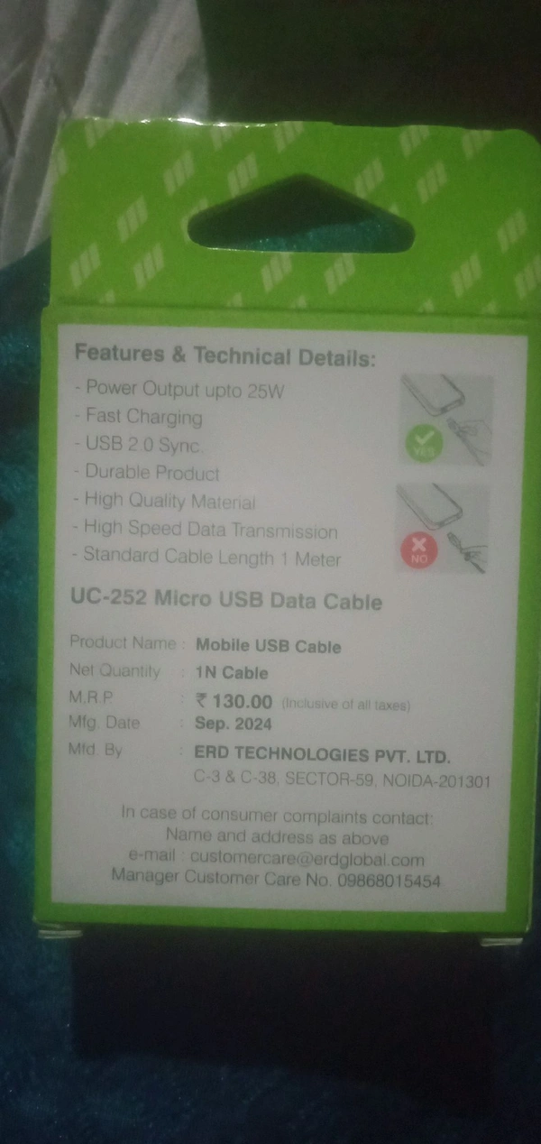 ERD V8 DATA CABLE 25W - White, 1 Meter