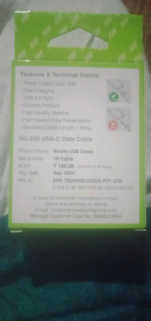 ERD TYPE C DATA CABLE 35W - White, 1 Meter