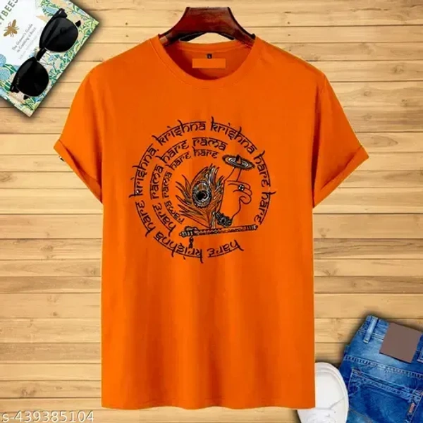HARE KRISHNA PRINTED T SHIRT ORANGE HALF SLEEVE T SHIRT FOR MEN - s