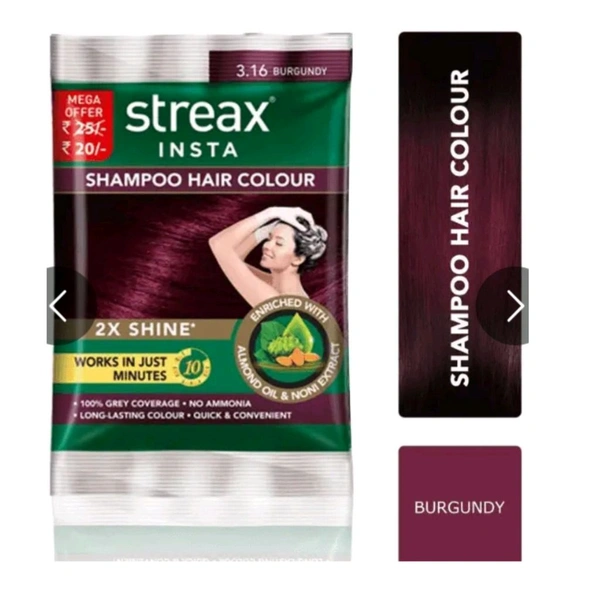 Streax Insta Shampoo Hair Colour No. 3.16 Burgundy - 