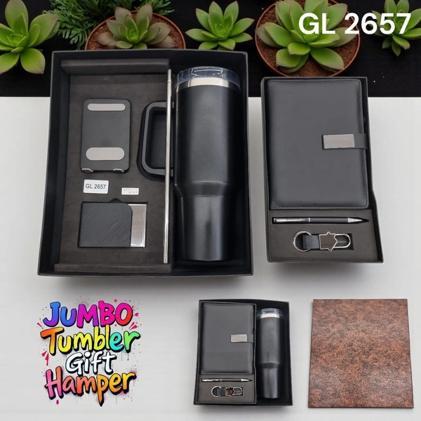 GL 2657 Black Big Tumbler 6 in 1 Set with Notebook, mobile stand, card holder, pen & keychain