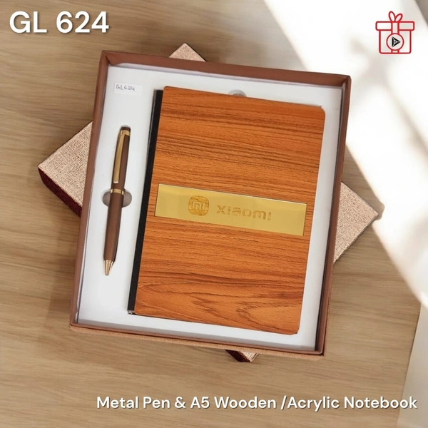 GL 624 Metal Brown Gold Ball Pen & Wooden Teak Acrylic Notebook - Min 500 Sets