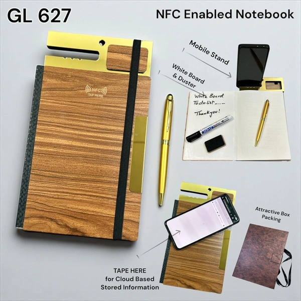 GL 627Pen and  NFC Teak/Gold Notebook A5 size with special mobile Attachment