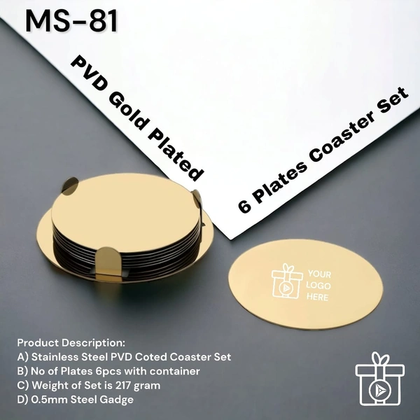 MS 81 Steel Round PVD Gold Coated 6 Plates Coaster Set - Above 5000 Sets