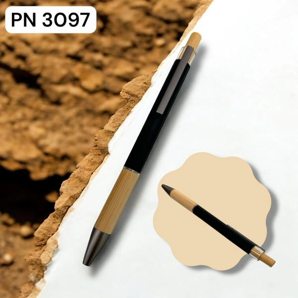 PN-3097 Black Rubberized Metal / Bamboo Ball Pen