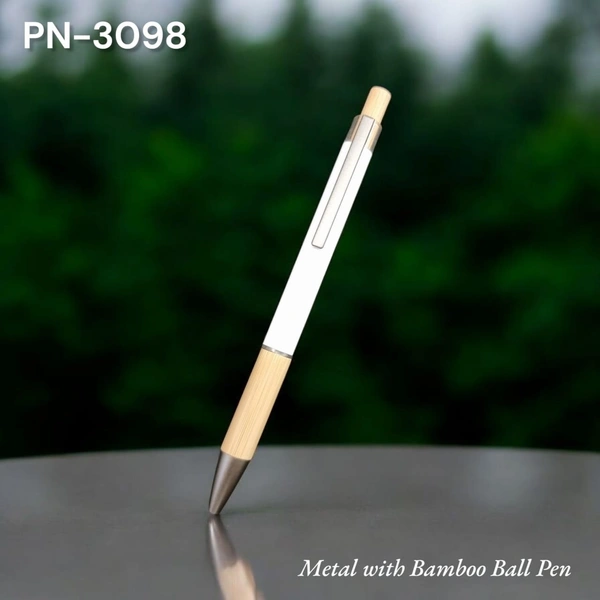 PN-3098 White Rubberized Metal with Bamboo Ball Pen 