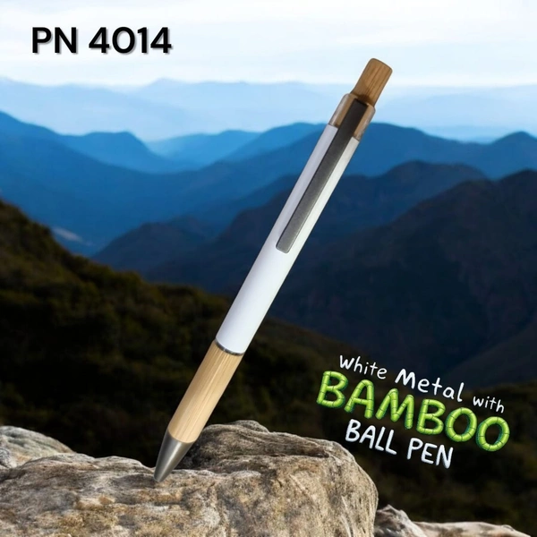 PN- 4014 White Rubberized Metal with Bamboo Ball Pen 