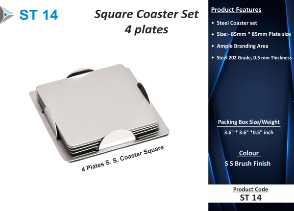 ST 14 Steel Brush Finish 4 plate Coaster Set - Min 1000 Sets