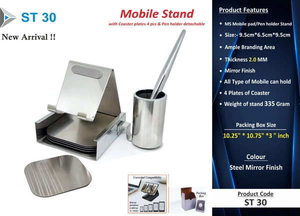 ST 30 Steel Mirror Finish Mobile Stand with 4 Plate Coaster & Pen Stand & Pen - Min 1000 Pcs