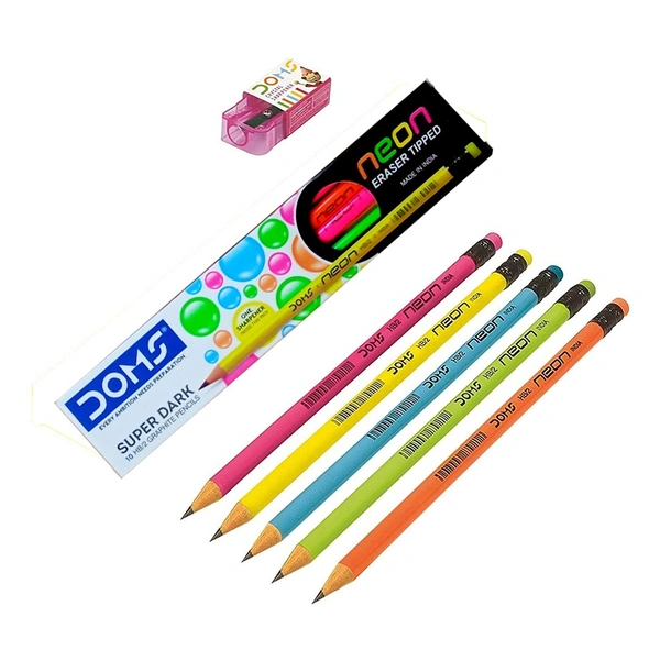 DOMS Super Dark HB/2 Graphite pencils -10 No's(neon eraser tipped)-185mm, பென்சில்கள் - 1 box
