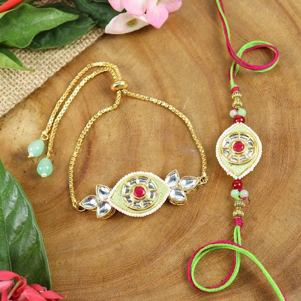 Red and green Rakhi and Bracelet Bhaiya bhabhi set