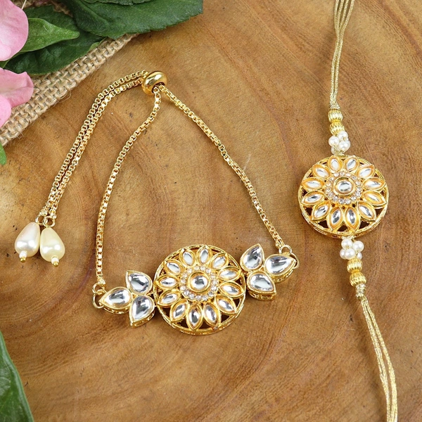 White Kundan Rakhi and Bracelet Bhaiya Bhabhi Rakhi Pair