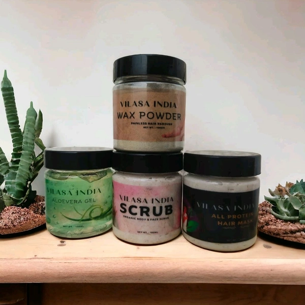 Herbal scrub + Wax Powder + Aloevera Gel + Hair Mask (100gm each)