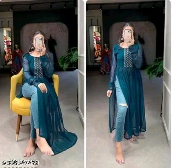 rama fancy dressName: rama fancy dressFabric: GeorgetteSleeve Length: Long SleevesPattern: EmbellishedNet Quantity (N): 1Sizes:S (Bust Size: 32 in, Length Size: 32 in) M (Bust Size: 36 in, Length Size: 34 in) L (Bust Size: 38 in, Length Size: 36 in) XL (Bust Size: 40 in, Length Size: 38 in) XXL (Bust Size: 42 in, Length Size: 40 in) Country of Origin: India - Teal