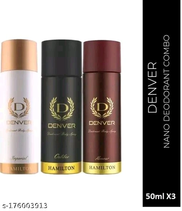 DENVER Perfume Body Spray Caliber,Honour & Imperial Nano Deo Long Lasting Set of 3 Deodorant Spray  -  For Men (50ml X 3 )Name: DENVER Perfume Body Spray Caliber,Honour & Imperial Nano Deo Long Lasting Set of 3 Deodorant Spray  -  For Men (50ml X 3 )Type: DeodorantBrand: DenverFlavour: No FlavourNet Quantity (N): 1Country of Origin: India